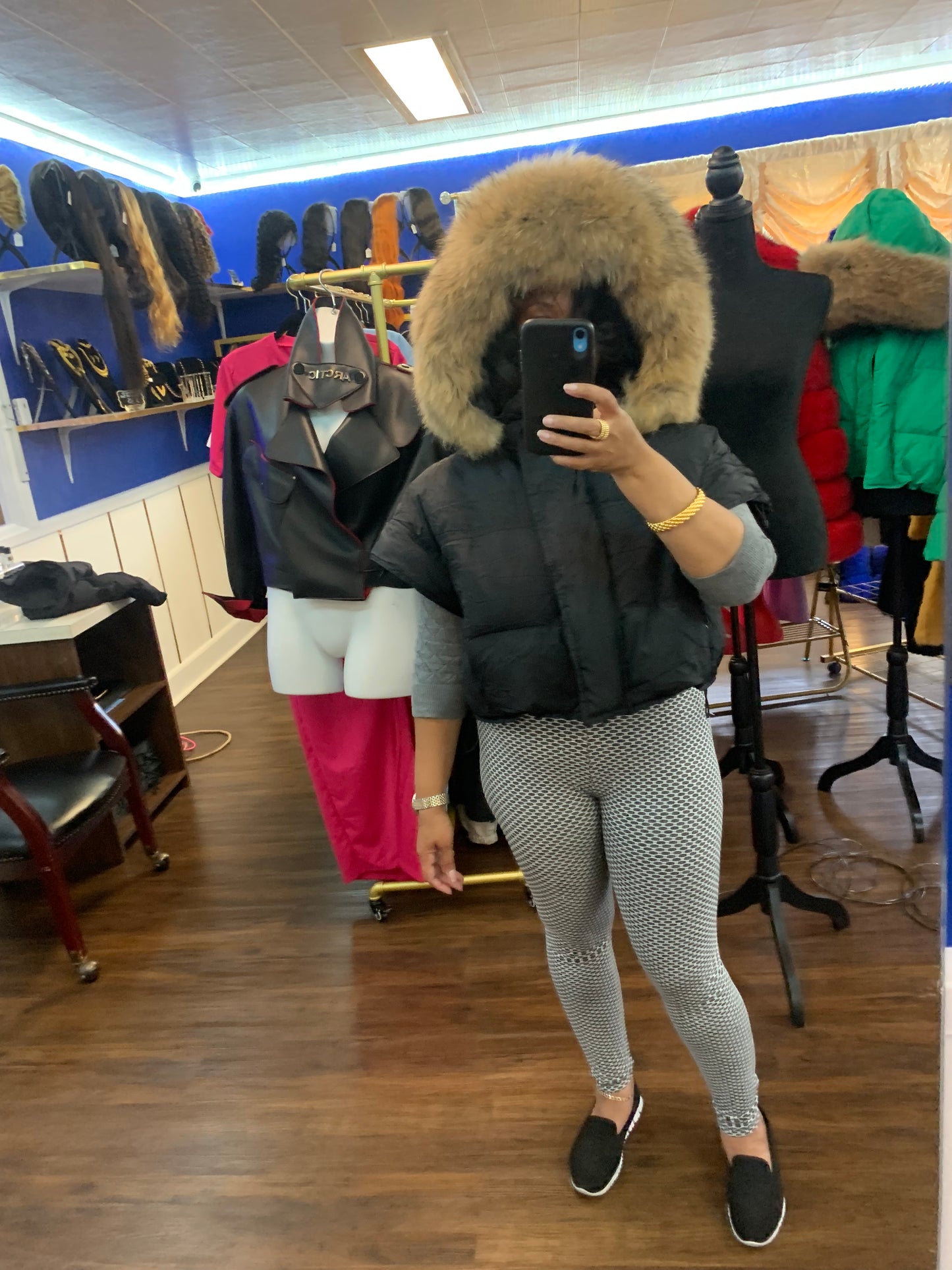 Fur hood coat.