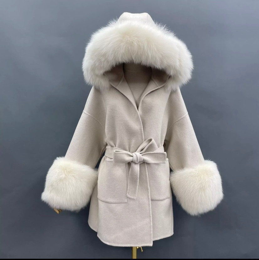 Cashmere Coat with Big Fox Fur Sleeves