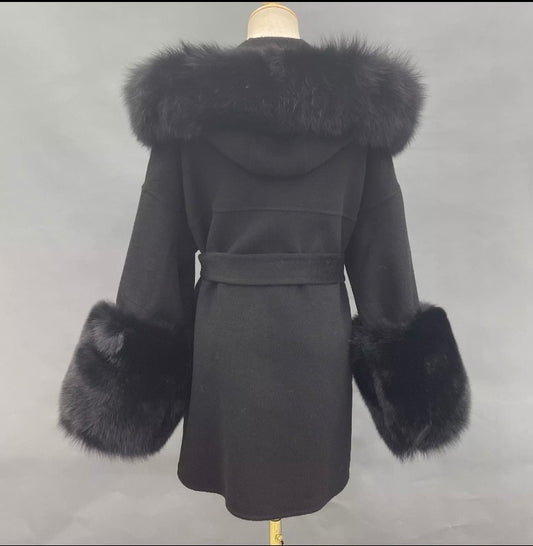Cashmere Coat with Big Fox Fur Sleeves