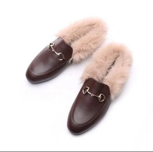 Leather and Rabbit Fur Slippers