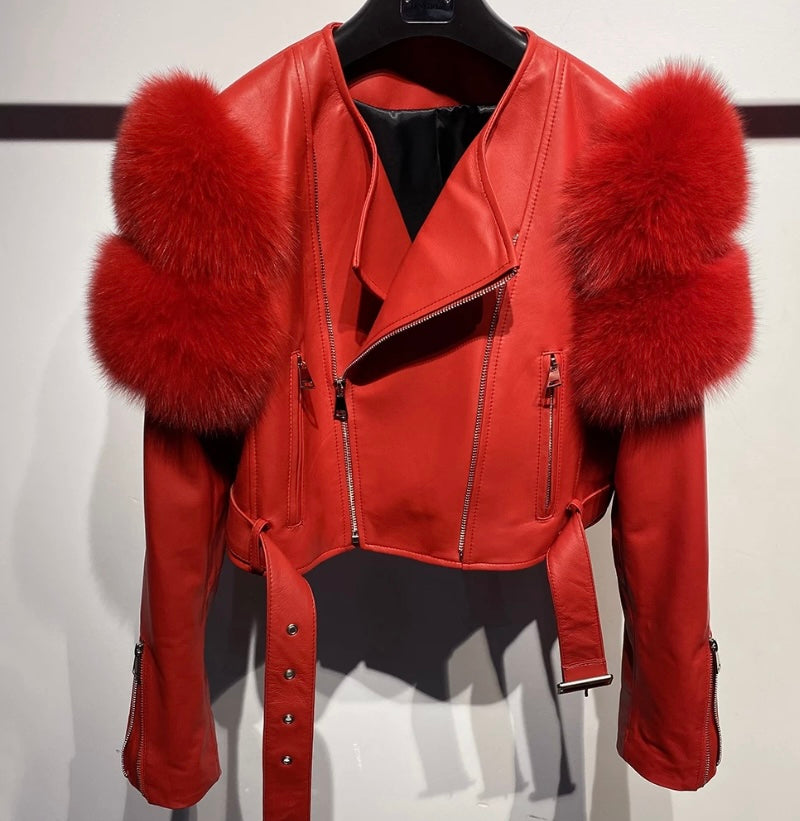 Cropped Leather Fox Motorcycle Jacket